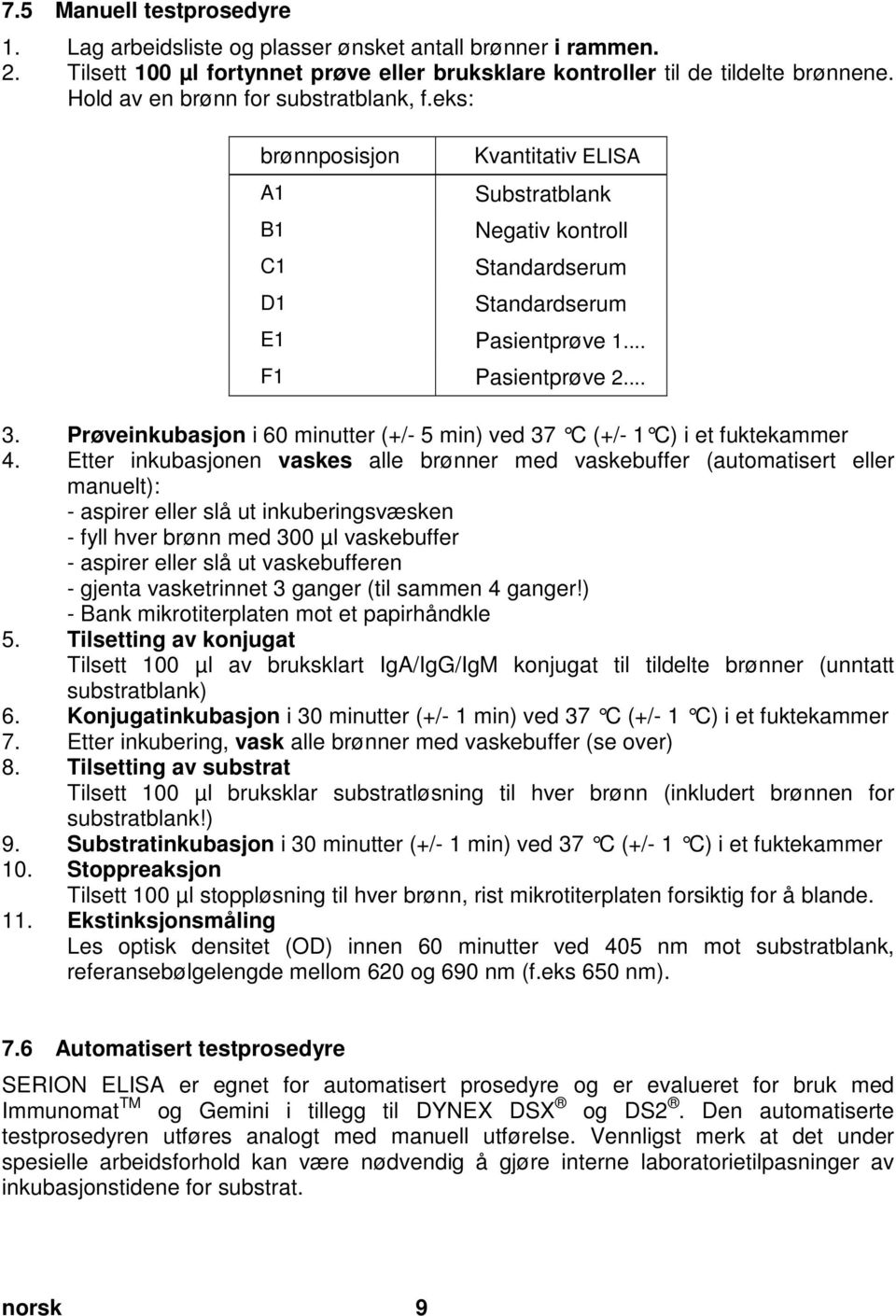 doc @ 34169 @ 2 7.5 Manuell testprosedyre 1. Lag arbeidsliste og plasser ønsket antall brønner i rammen. 2. Tilsett 100 µl fortynnet prøve eller bruksklare kontroller til de tildelte brønnene.