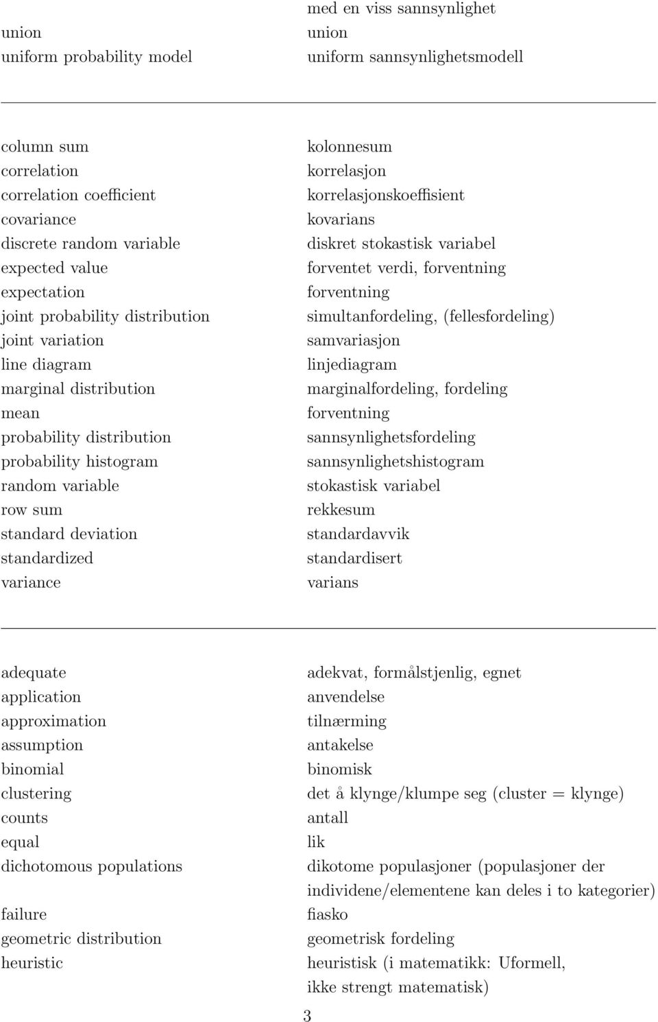 standardized variance kolonnesum korrelasjon korrelasjonskoeffisient kovarians diskret stokastisk variabel forventet verdi, forventning forventning simultanfordeling, (fellesfordeling) samvariasjon