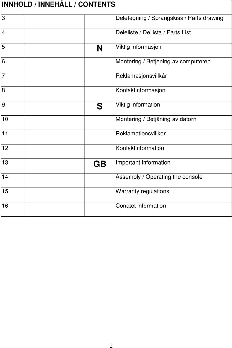 Kontaktinformasjon 9 S Viktig information 10 Montering / Betjäning av datorn 11 Reklamationsvillkor 12