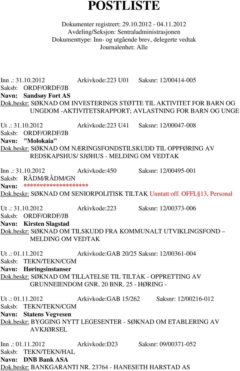 beskr: SØKNAD OM NÆRINGSFONDSTILSKUDD TIL OPPFØRING AV REDSKAPSHUS/ SJØHUS - MELDING OM VEDTAK Inn.: 31.10.2012 Arkivkode:450 Saksnr: 12/00495-001 Navn: ******************** Dok.