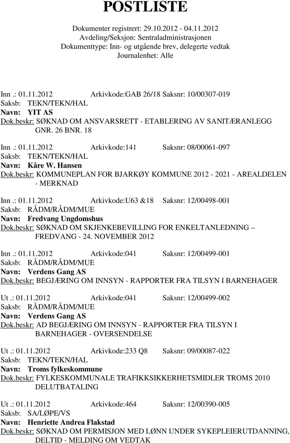 beskr: BEGJÆRING OM INNSYN - RAPPORTER FRA TILSYN I BARNEHAGER Ut.: 01.11.2012 Arkivkode:041 Saksnr: 12/00499-002 Navn: Verdens Gang AS Dok.