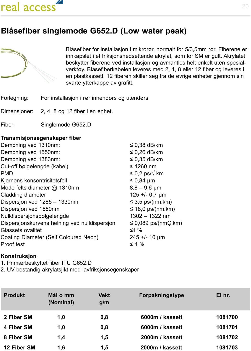 12 fiberen skiller seg fra de øvrige enheter gjennom sin svarte ytterkappe av grafitt. Dimensjoner: Fiber: For installasjon i rør innendørs og utendørs 2, 4, 8 og 12 fiber i en enhet. Singlemode G652.