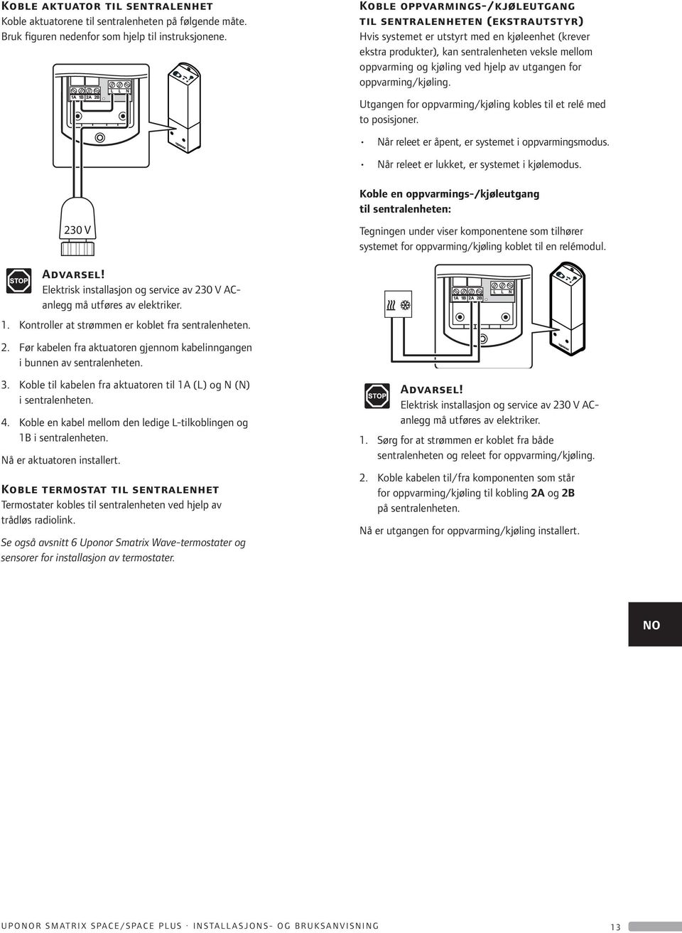 3. Koble til kabelen fra aktuatoren til 1A (L) og N (N) i sentralenheten. 4. Koble en kabel mellom den ledige L-tilkoblingen og 1 i sentralenheten. Nå er aktuatoren installert.