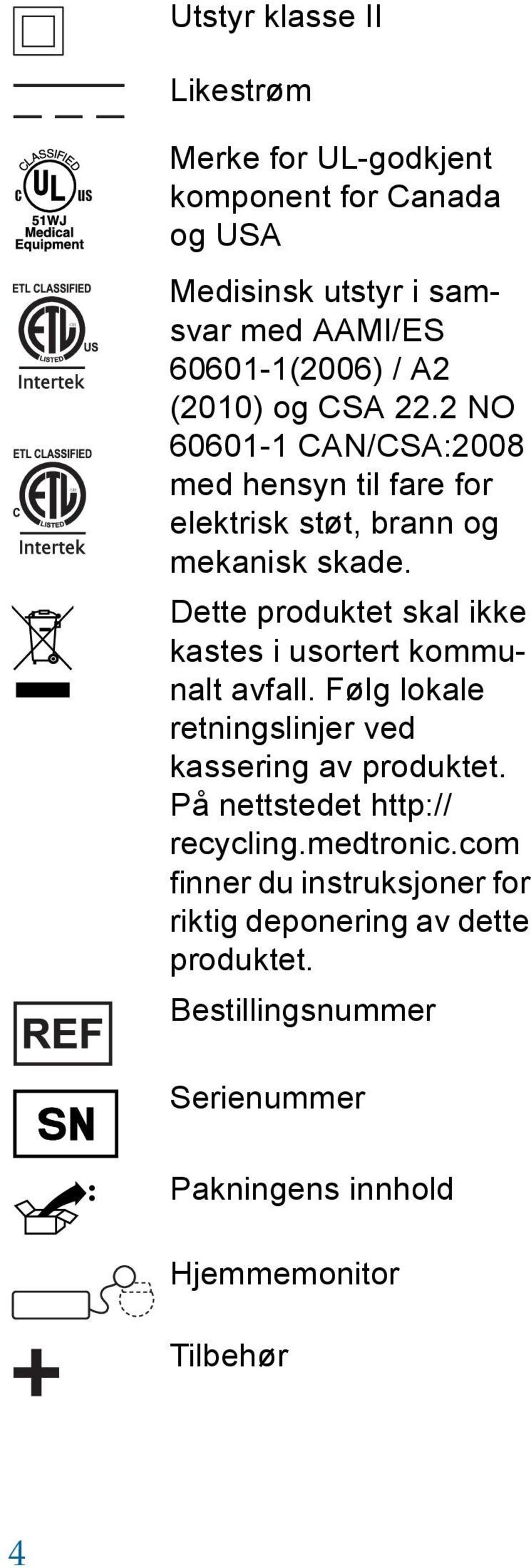 Dette produktet skal ikke kastes i usortert kommunalt avfall. Følg lokale retningslinjer ved kassering av produktet.