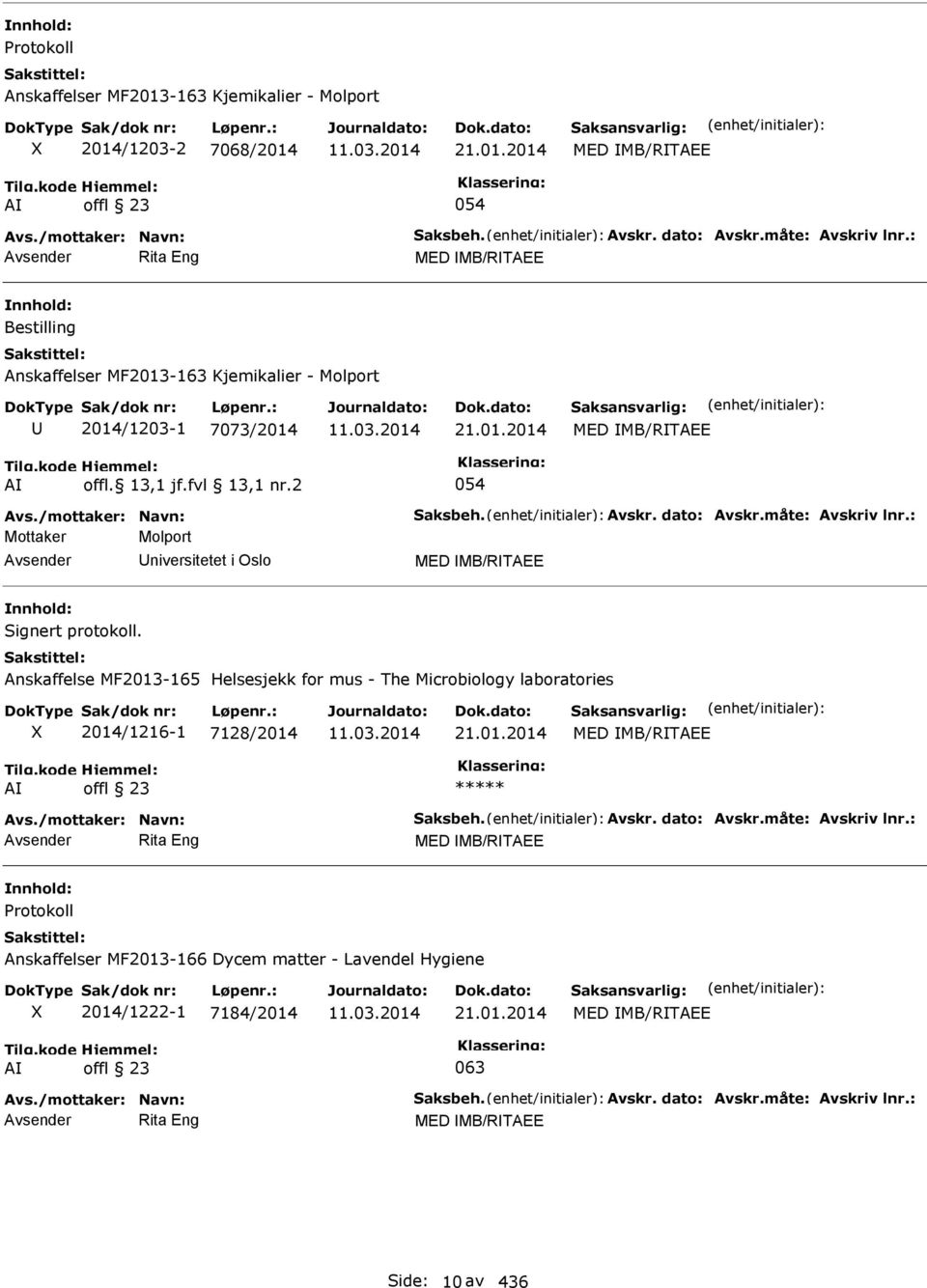 dato: Avskr.måte: Avskriv lnr.: Mottaker Molport niversitetet i Oslo MED MB/RTAEE Signert protokoll. Anskaffelse MF2013-165 Helsesjekk for mus - The Microbiology laboratories 2014/1216-1 7128/2014 21.