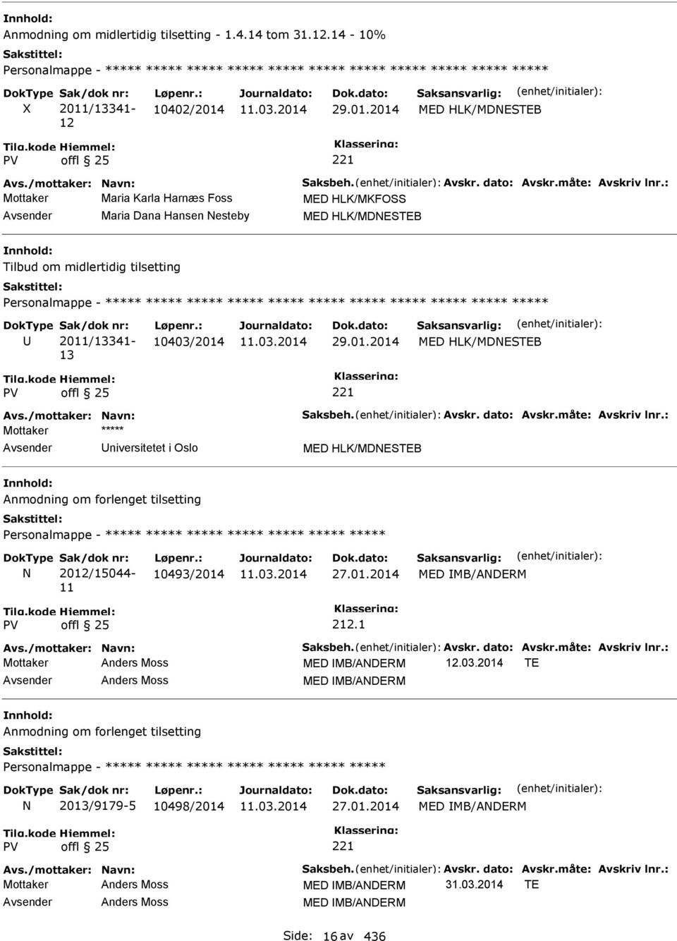 : Mottaker Maria Karla Harnæs Foss MED HLK/MKFOSS Maria Dana Hansen Nesteby MED HLK/MDNESTEB Tilbud om midlertidig tilsetting Personalmappe - ***** ***** ***** ***** ***** ***** ***** ***** *****