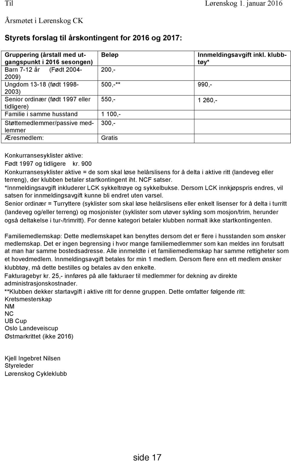 Støttemedlemmer/passive medlemmer 300,- Æresmedlem: Gratis Konkurransesyklister aktive: Født 1997 og tidligere kr.