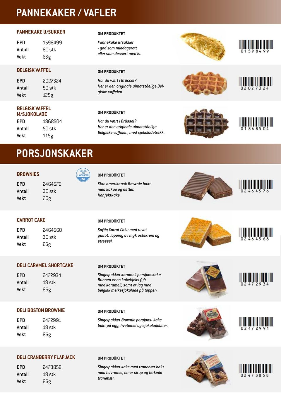 Porsjonskaker Brownies EPD 2464576 Antall 30 stk Vekt 70g Ekte amerikansk Brownie bakt med kakao og nøtter. Konfektkake.