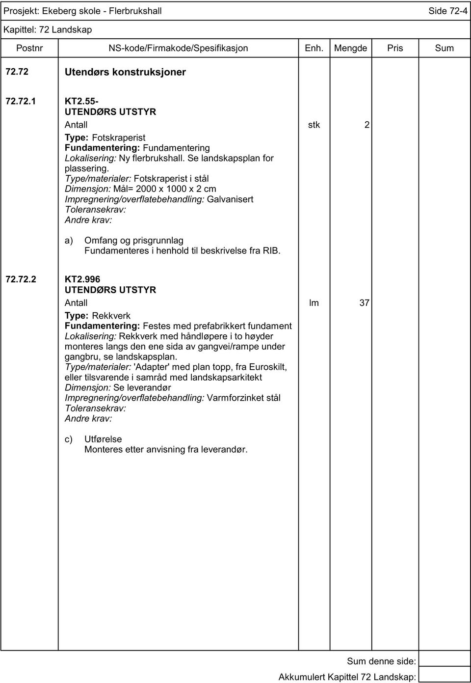 Type/materialer: Fotskraperist i stål Dimensjon: Mål= 2000 x 1000 x 2 cm Impregnering/overflatebehandling: Galvanisert Toleransekrav: Fundamenteres i henhold til beskrivelse fra RIB. 72.72.2 KT2.