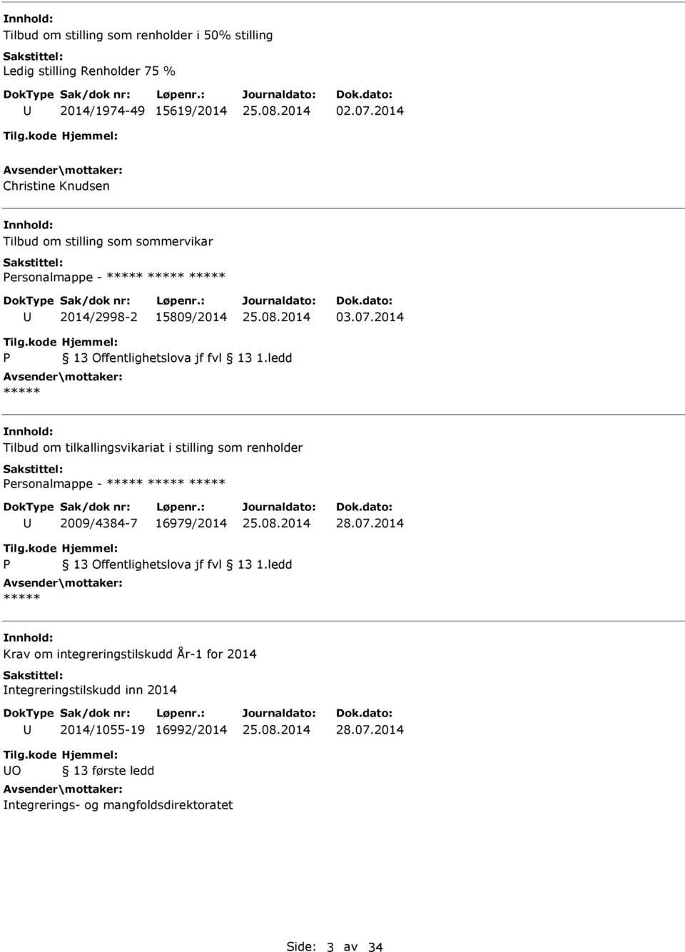 2014 Tilbud om tilkallingsvikariat i stilling som renholder ersonalmappe - 2009/4384-7 16979/2014 28.07.