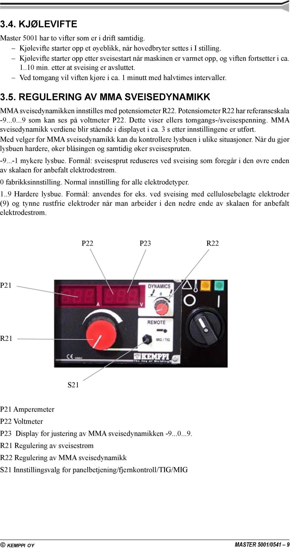 1 minutt med halvtimes intervaller. 3.5. REGULERING AV MMA SVEISEDYNAMIKK MMA sveisedynamikken innstilles med potensiometer R22. Potensiometer R22 har referanseskala -9...0.