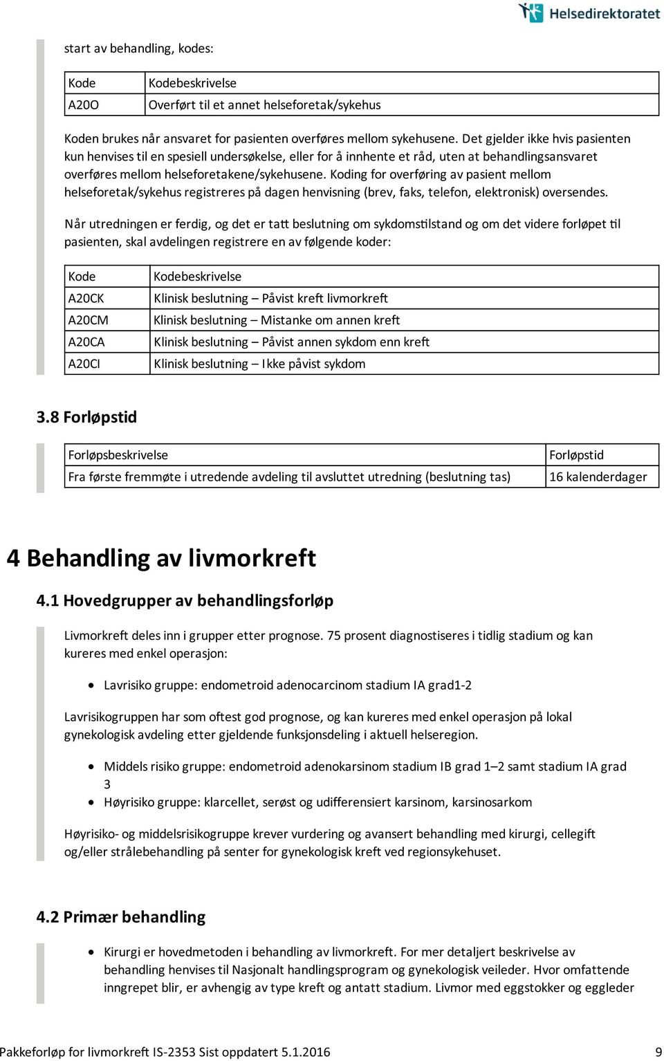 Koding for overføring av pasient mellom helseforetak/sykehus registreres på dagen henvisning (brev, faks, telefon, elektronisk) oversendes.