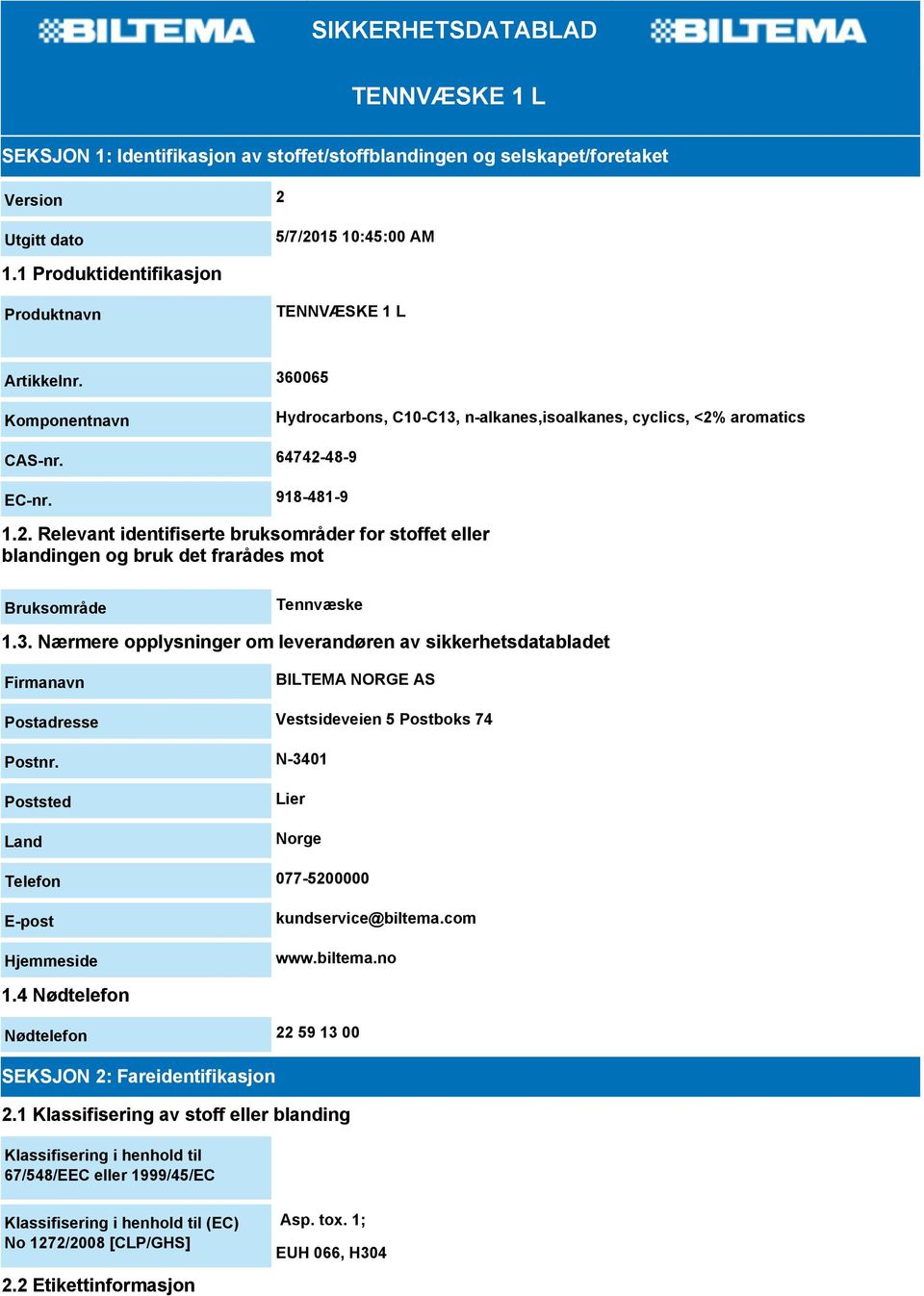 aromatics CAS-nr. 64742-48-9 EC-nr. 918-481-9 1.2. Relevant identifiserte bruksområder for stoffet eller blandingen og bruk det frarådes mot Bruksområde Tennvæske 1.3.