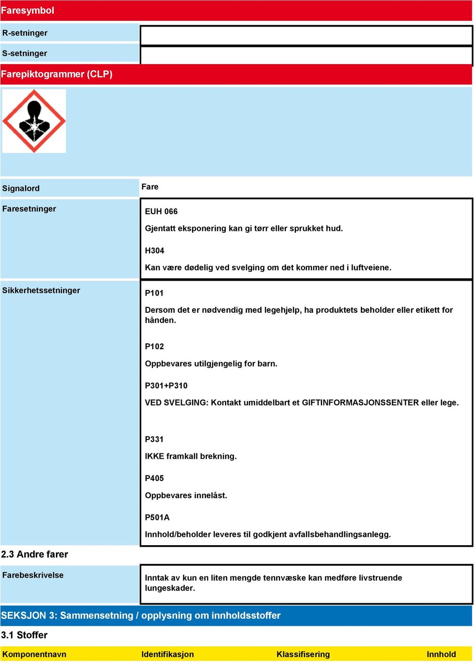 P102 Oppbevares utilgjengelig for barn. P301+P310 VED SVELGING: Kontakt umiddelbart et GIFTINFORMASJONSSENTER eller lege. P331 IKKE framkall brekning. P405 Oppbevares innelåst.