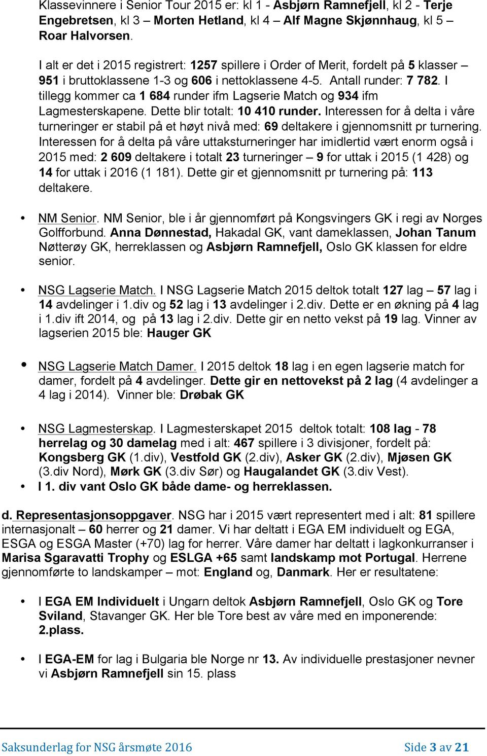 I tillegg kommer ca 1 684 runder ifm Lagserie Match og 934 ifm Lagmesterskapene. Dette blir totalt: 10 410 runder.