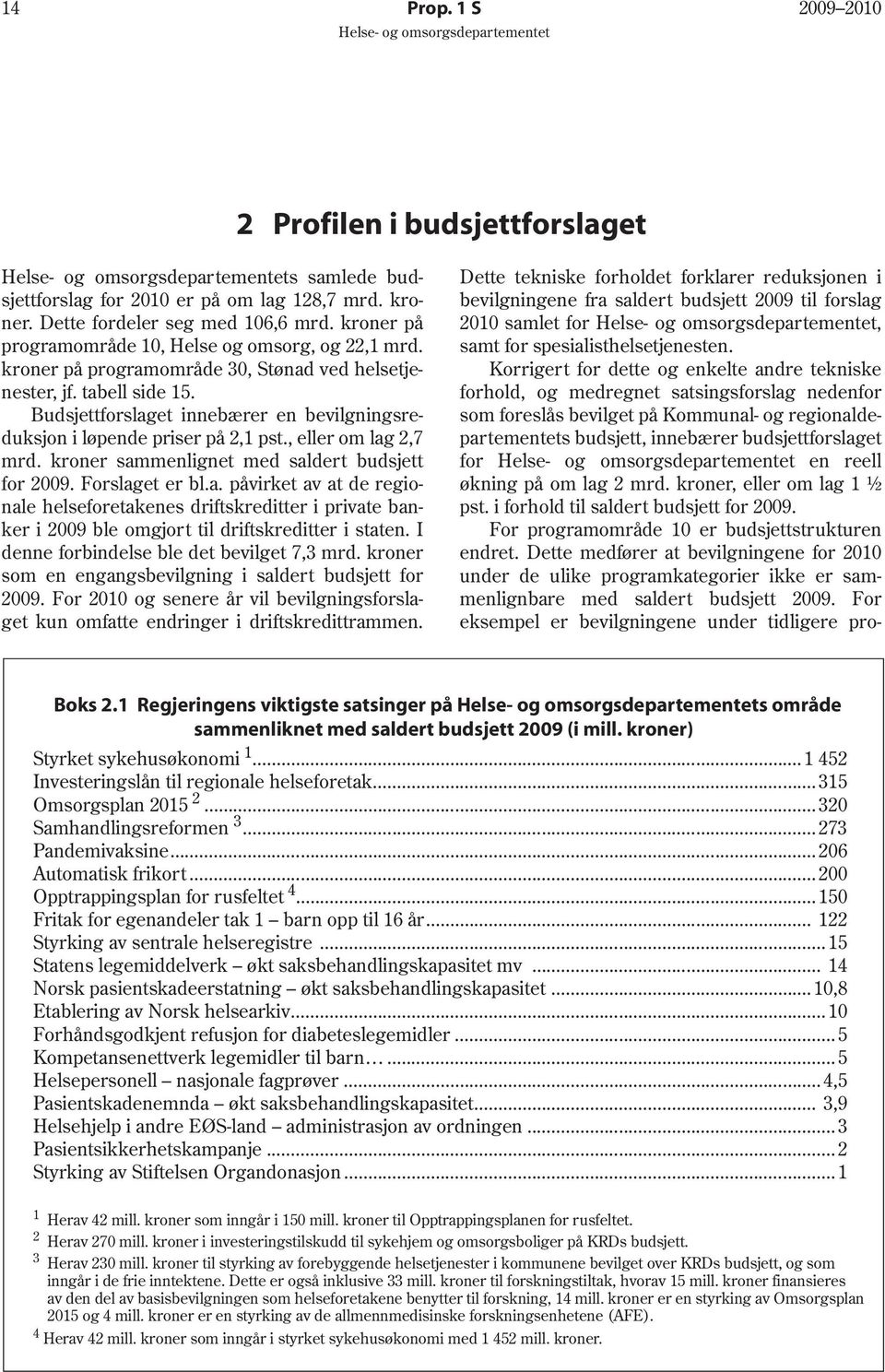 Budsjettforslaget innebærer en bevilgningsreduksjon i løpende priser på 2,1 pst., eller om lag 2,7 mrd. kroner sammenlignet med saldert budsjett for 2009. Forslaget er bl.a. påvirket av at de regionale helseforetakenes driftskreditter i private banker i 2009 ble omgjort til driftskreditter i staten.