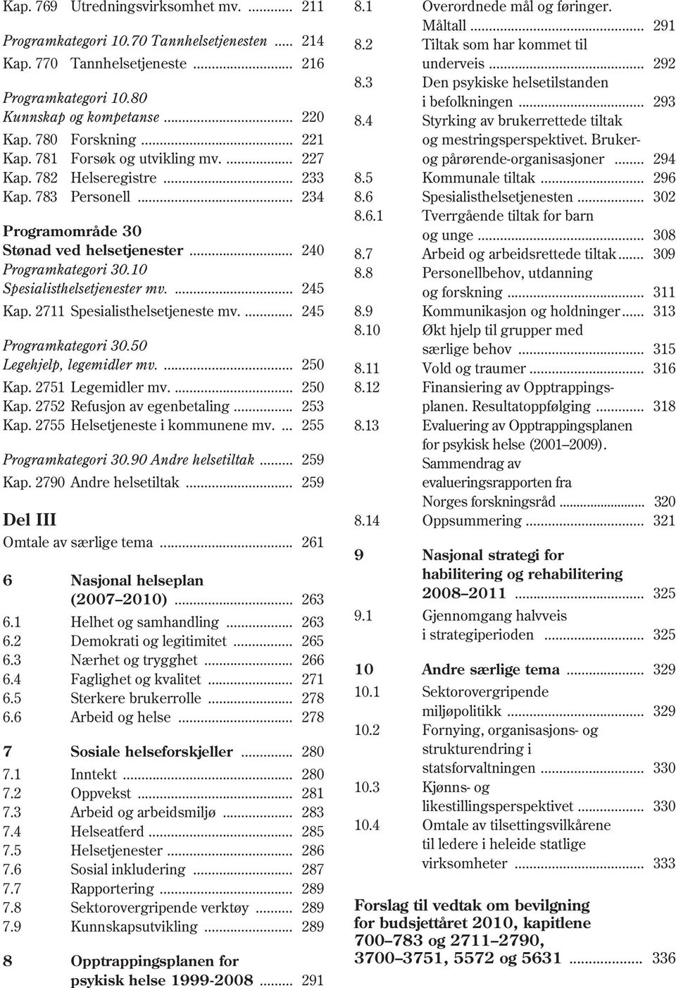 10 Spesialisthelsetjenester mv.... 245 Kap. 2711 Spesialisthelsetjeneste mv.... 245 Programkategori 30.50 Legehjelp, legemidler mv.... 250 Kap. 2751 Legemidler mv.... 250 Kap. 2752 Refusjon av egenbetaling.