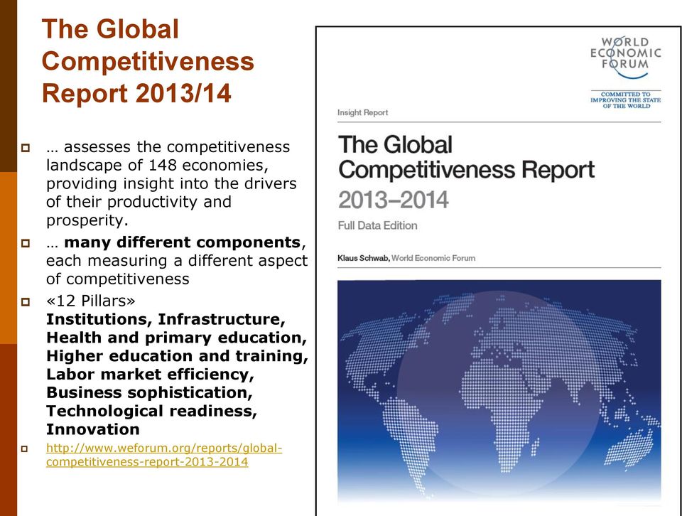 many different components, each measuring a different aspect of competitiveness «12 Pillars» Institutions, Infrastructure,