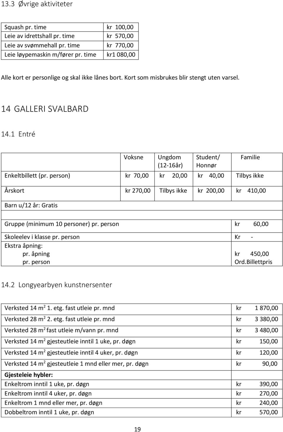 1 Entré Voksne Ungdom (12-16år) Student/ Honnør Familie Enkeltbillett (pr.