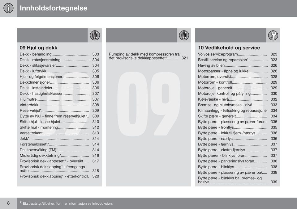 .. 310 Skifte hjul - montering... 312 Varseltrekant... 313 Jekk*... 314 Førstehjelpssett*... 314 Dekkovervåking (TM)*... 314 Midlertidig dekktetning*... 316 Provisorisk dekklappesett* - oversikt.