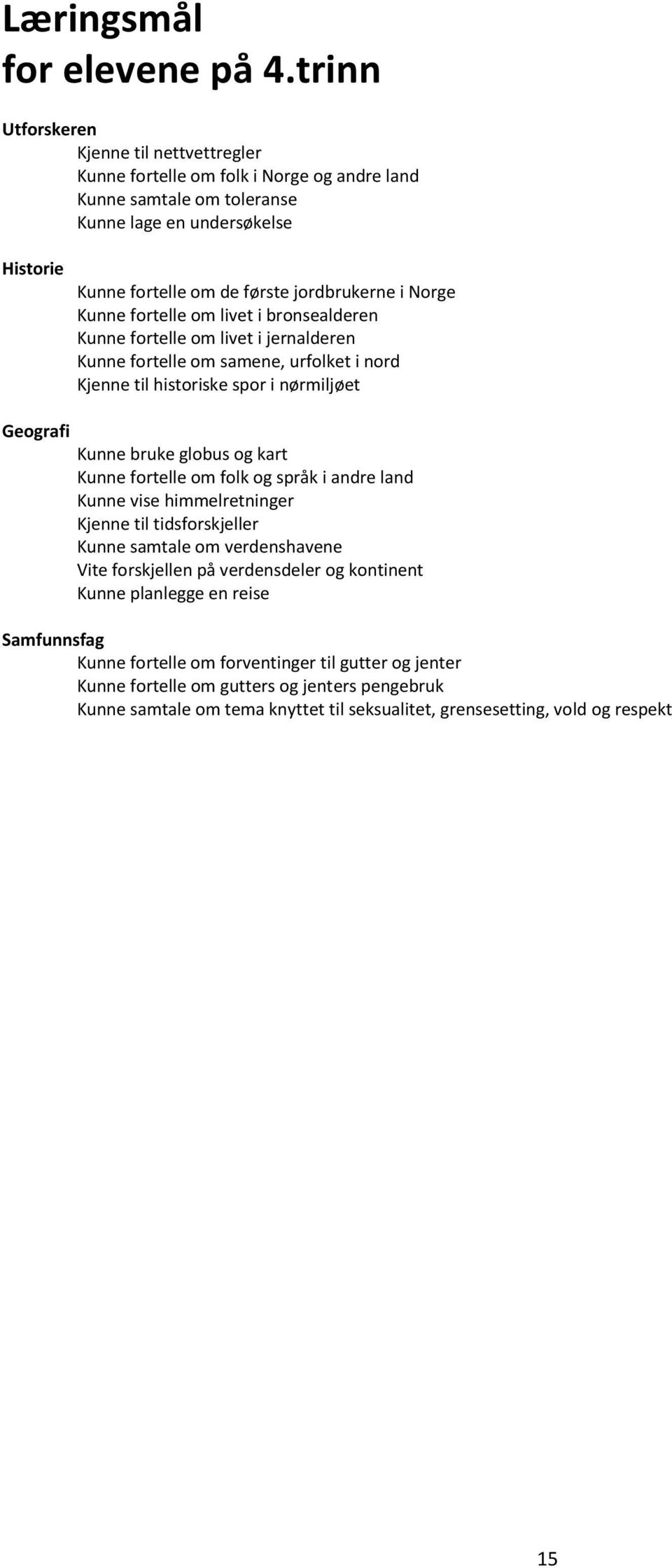 om livet i bronsealderen Kunne fortelle om livet i jernalderen Kunne fortelle om samene, urfolket i nord Kjenne til historiske spor i nørmiljøet Kunne bruke globus og kart Kunne fortelle om folk