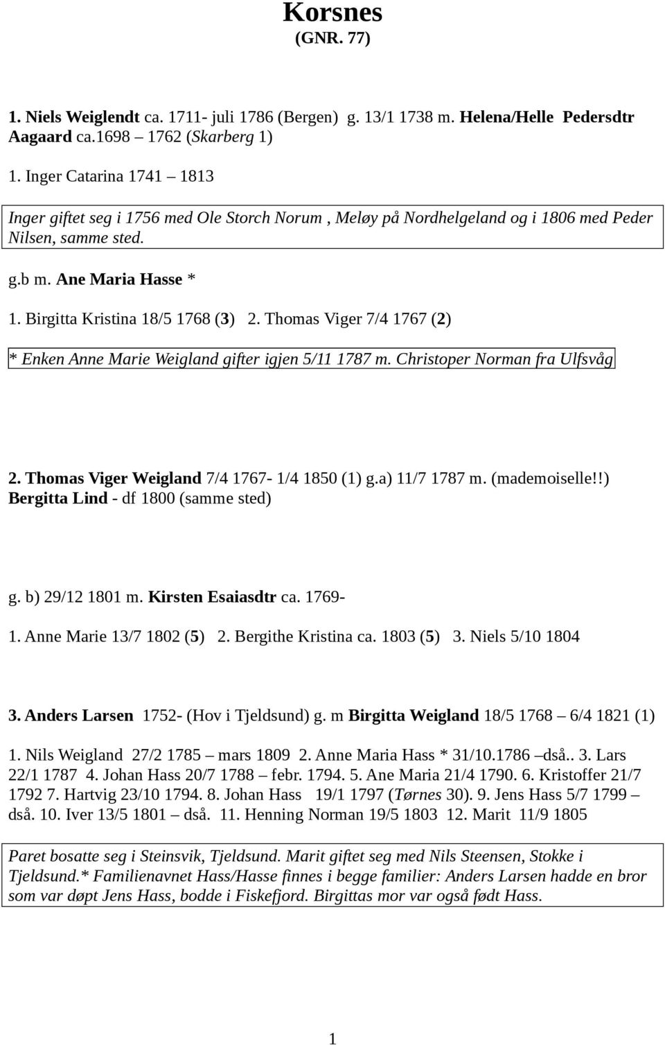 Thomas Viger 7/4 1767 (2) * Enken Anne Marie Weigland gifter igjen 5/11 1787 m. Christoper Norman fra Ulfsvåg 2. Thomas Viger Weigland 7/4 1767-1/4 1850 (1) g.a) 11/7 1787 m. (mademoiselle!