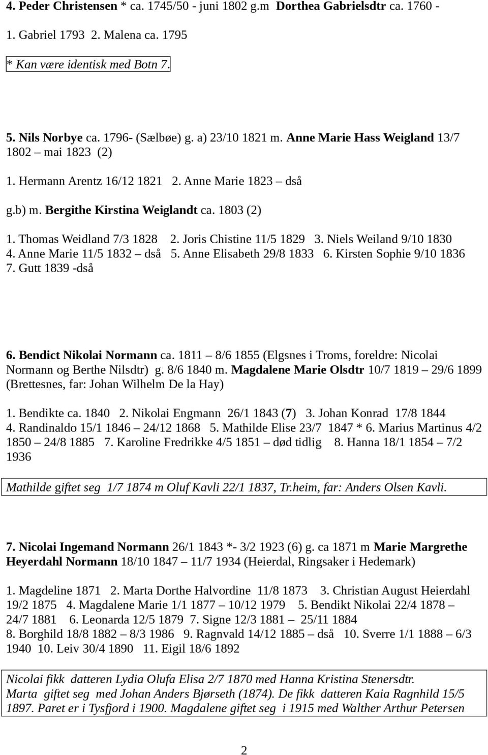 Joris Chistine 11/5 1829 3. Niels Weiland 9/10 1830 4. Anne Marie 11/5 1832 dså 5. Anne Elisabeth 29/8 1833 6. Kirsten Sophie 9/10 1836 7. Gutt 1839 -dså 6. Bendict Nikolai Normann ca.