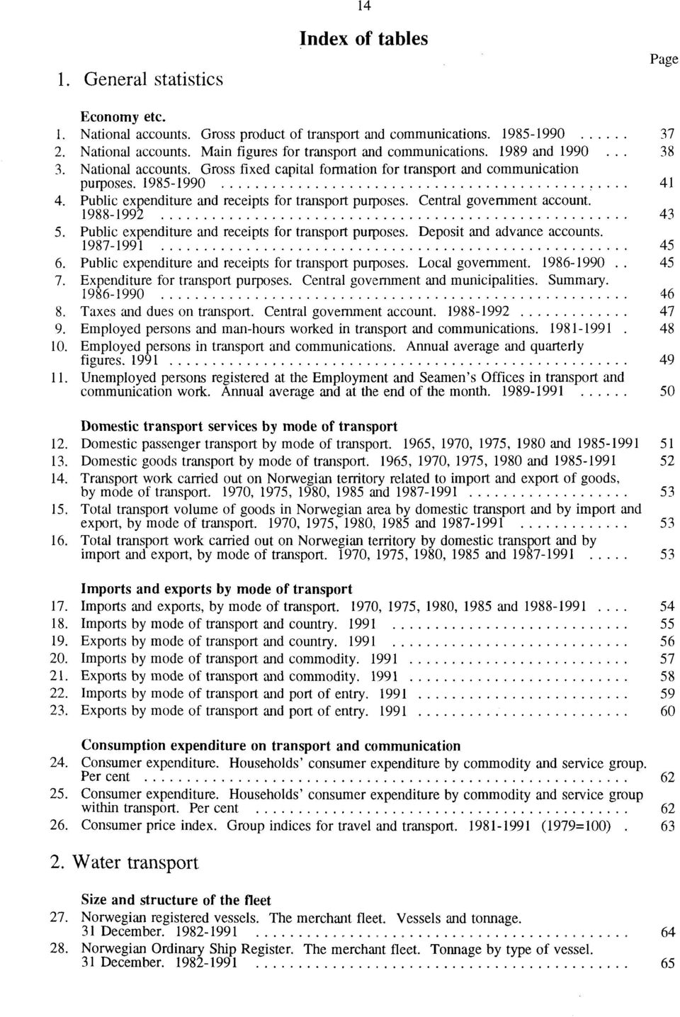 Central goverment account. 1988-1992 43 5. Public expenditure and receipts for transport purposes. Deposit and advance accounts. 1987-1991 45 6. Public expenditure and receipts for transport purposes. Local government.