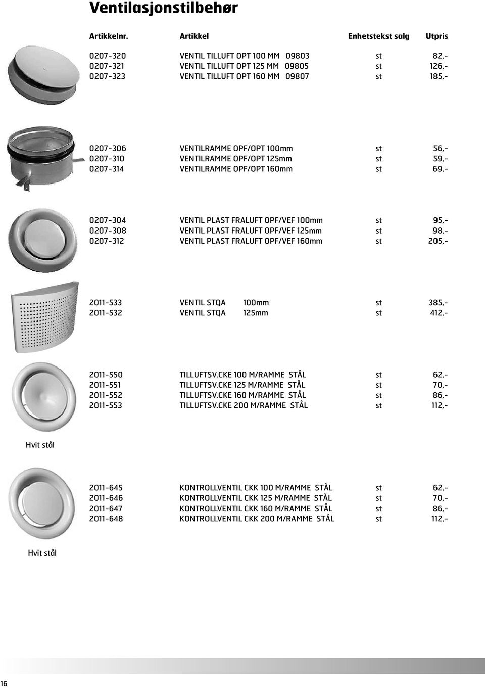 VENTILRAMME OPF/OPT 100mm st 56,- 0207-310 VENTILRAMME OPF/OPT 125mm st 59,- 0207-314 VENTILRAMME OPF/OPT 160mm st 69,- 0207-304 VENTIL PLAST FRALUFT OPF/VEF 100mm st 95,- 0207-308 VENTIL PLAST