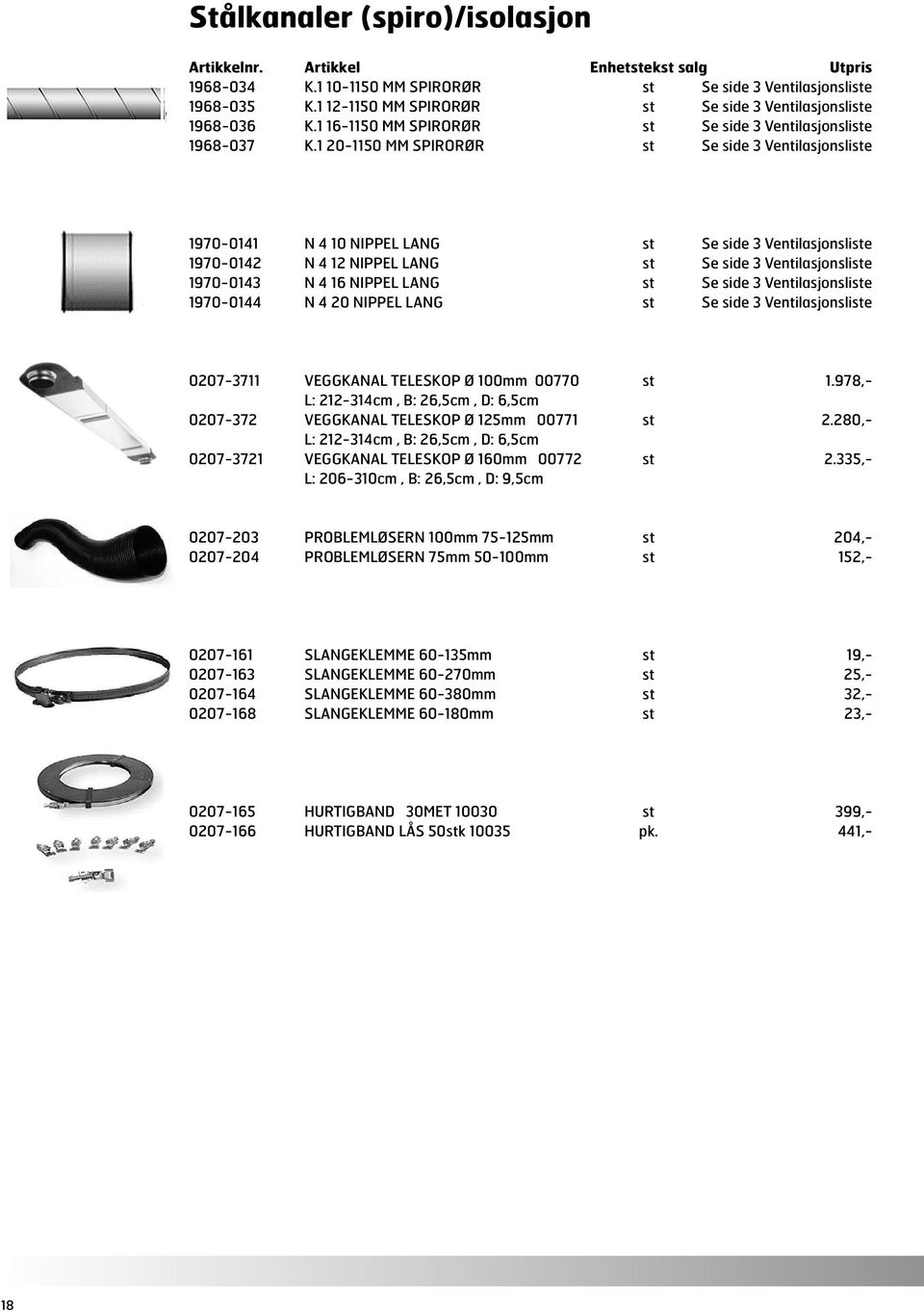 1 20-1150 MM SPIRORØR st Se side 3 Ventilasjonsliste 1970-0141 N 4 10 NIPPEL LANG st Se side 3 Ventilasjonsliste 1970-0142 N 4 12 NIPPEL LANG st Se side 3 Ventilasjonsliste 1970-0143 N 4 16 NIPPEL