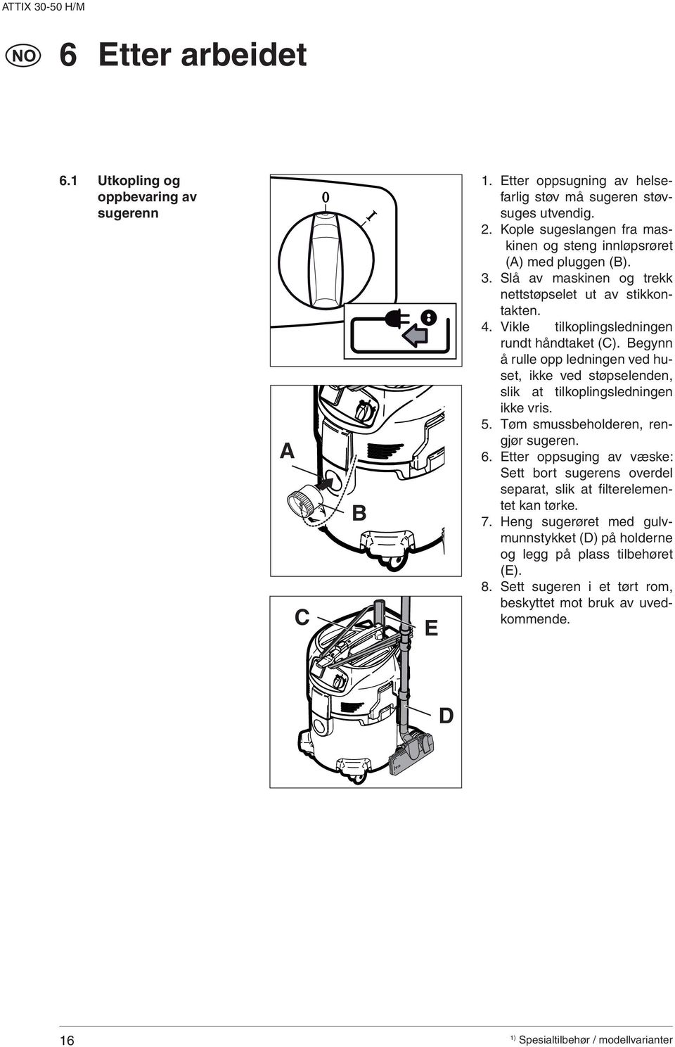 Begynn å rulle opp ledningen ved huset, ikke ved støpselenden, slik at tilkoplingsledningen ikke vris. 5. Tøm smussbeholderen, rengjør sugeren. 6.