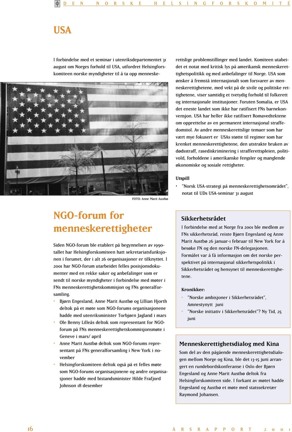 I 2001 har NGO-forum utarbeidet felles posisjonsdokumenter med en rekke saker og anbefalinger som er sendt til norske myndigheter i forbindelse med møter i FNs menneskerettighetskommisjon og FNs