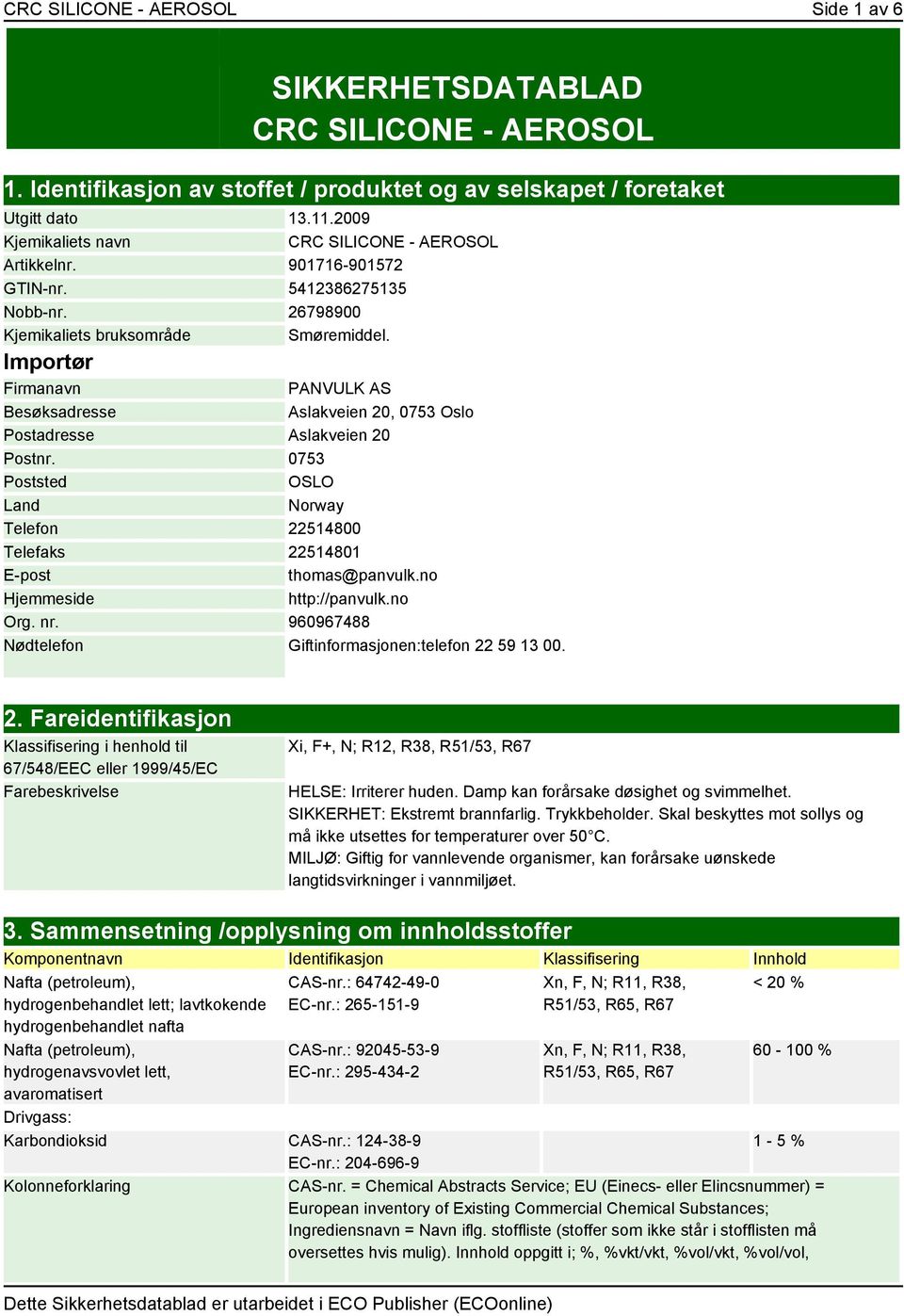 Importør Firmanavn PANVULK AS Besøksadresse Aslakveien 20, 0753 Oslo Postadresse Aslakveien 20 Postnr. 0753 Poststed OSLO Land Norway Telefon 22514800 Telefaks 22514801 E-post thomas@panvulk.