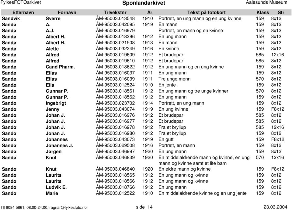 019609 1912 Et brudepar 585 12x16 Sandø Alfred ÅM-95003.019610 1912 Et brudepar 585 8x12 Sandø Cand Pharm. ÅM-95003.018622 1912 En ung mann og en ung kvinne 159 8x12 Sandø Elias ÅM-95003.