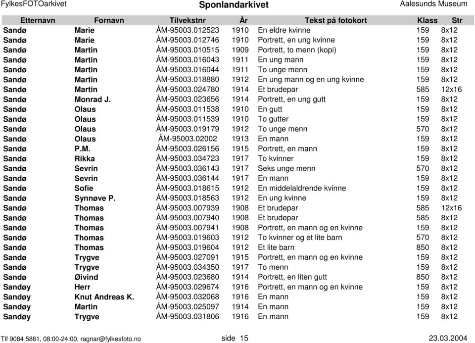 018880 1912 En ung mann og en ung kvinne 159 8x12 Sandø Martin ÅM-95003.024780 1914 Et brudepar 585 12x16 Sandø Monrad J. ÅM-95003.023656 1914 Portrett, en ung gutt 159 8x12 Sandø Olaus ÅM-95003.
