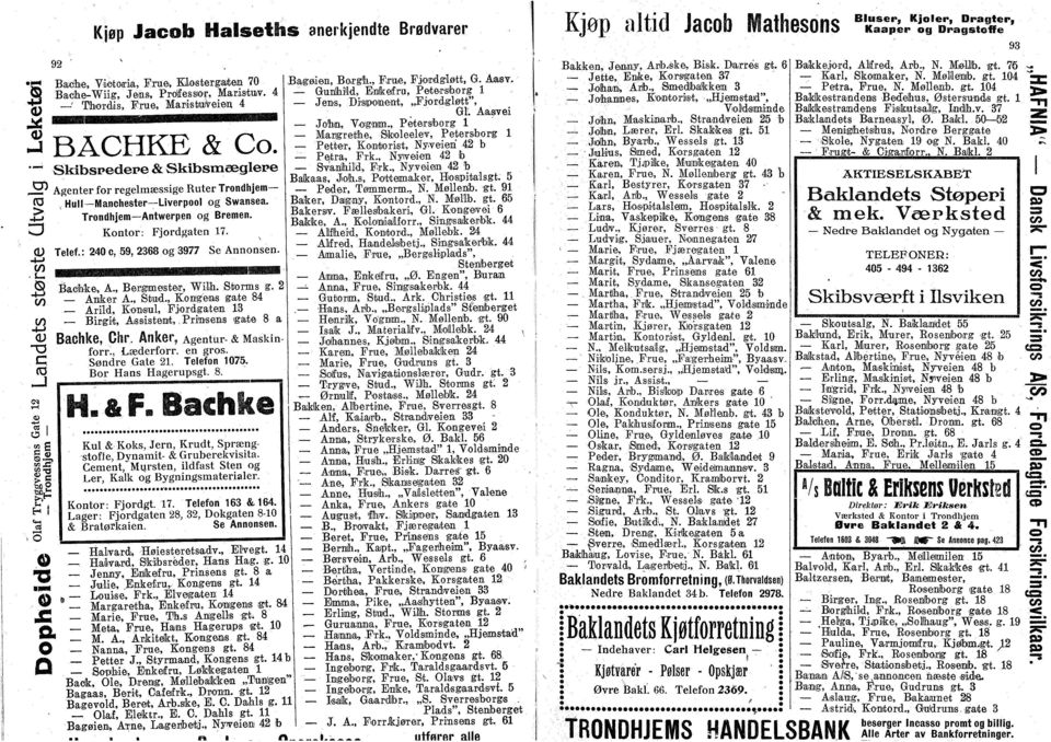 4 ' Thrdis, Frue, MarisfeuiVeien 4 BÅCHKE & C. Skibspedepe & Skibsmæglepe Agenter fr regelmæssige Ruter Trndhjem Hull Manchester Liverpl g Swansea. Trndhjem Antwerpen g Bremen. Kntr: Fjrdgaten 17.