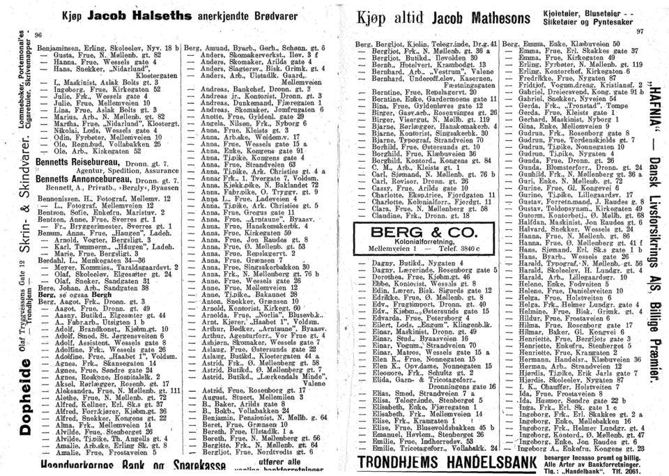 gt. 82 Hamna, Frue, Wessels gate 4 Hans, Snekker,,,Nidarlu,nd", Klistergaten L, Maskinist, Aslak Blts gt. 3 Ingebrg, Frue, Kirkegaten 52 Julie, Filk.