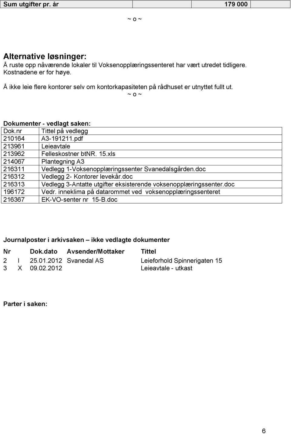 pdf 213961 Leieavtale 213962 Felleskostner btnr. 15.xls 214067 Plantegning A3 216311 Vedlegg 1-Voksenopplæringssenter Svanedalsgården.doc 216312 Vedlegg 2- Kontorer levekår.