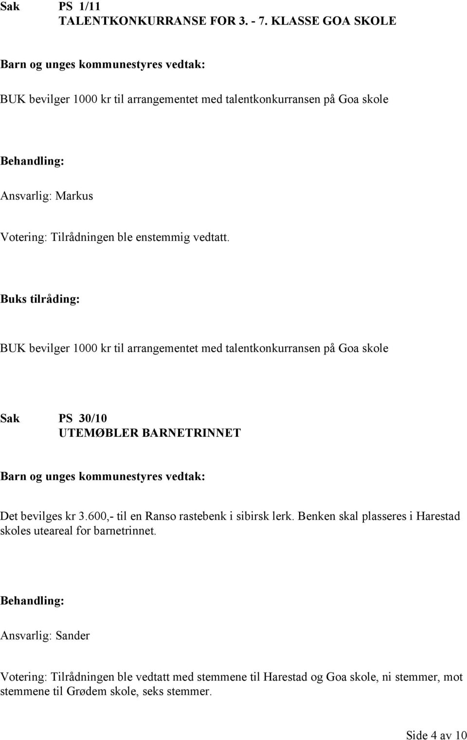 vedtatt. BUK bevilger 1000 kr til arrangementet med talentkonkurransen på Goa skole Sak PS 30/10 UTEMØBLER BARNETRINNET Det bevilges kr 3.