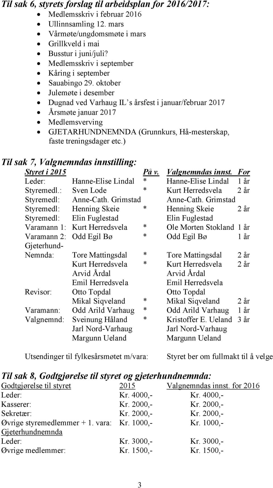 oktober Julemøte i desember Dugnad ved Varhaug IL s årsfest i januar/februar 2017 Årsmøte januar 2017 Medlemsverving GJETARHUNDNEMNDA (Grunnkurs, Hå-mesterskap, faste treningsdager etc.