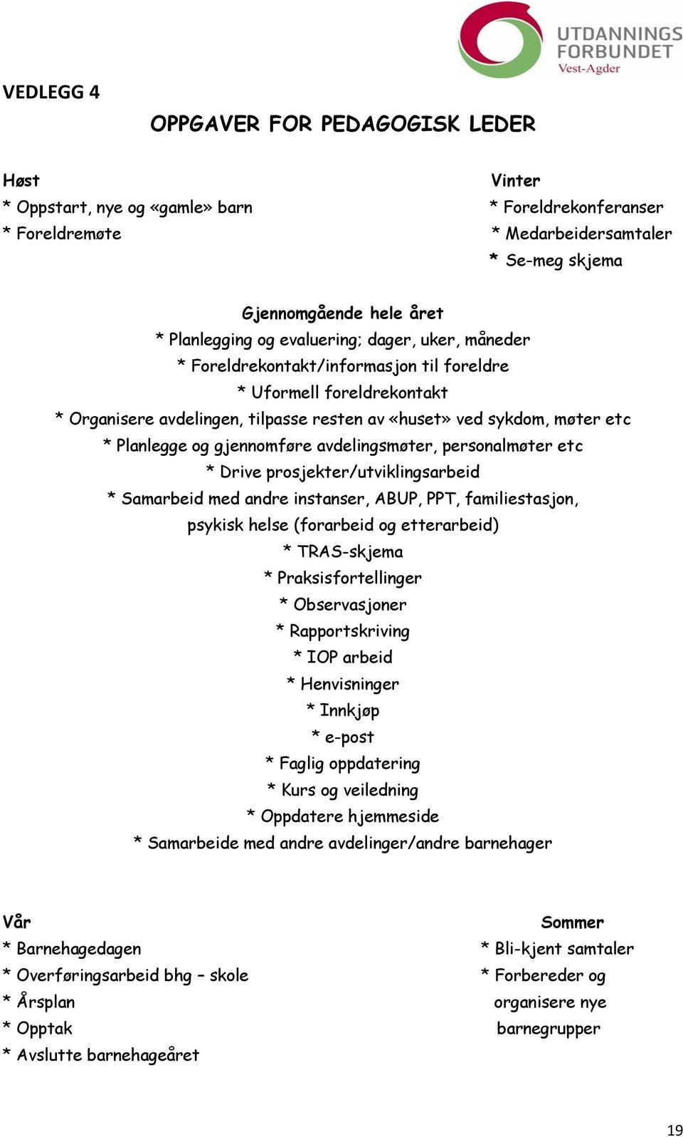 gjennomføre avdelingsmøter, personalmøter etc * Drive prosjekter/utviklingsarbeid * Samarbeid med andre instanser, ABUP, PPT, familiestasjon, psykisk helse (forarbeid og etterarbeid) * TRAS-skjema *