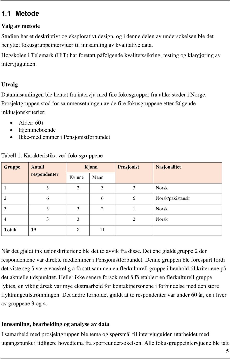 Utvalg Datainnsamlingen ble hentet fra intervju med fire fokusgrupper fra ulike steder i Norge.