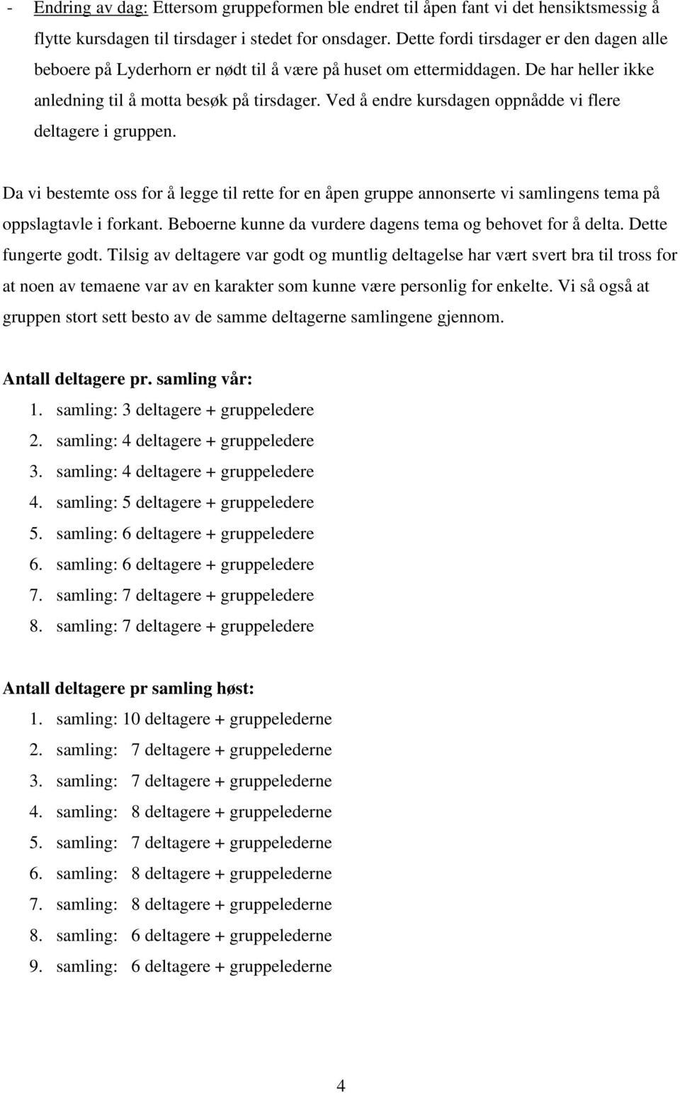 Ved å endre kursdagen oppnådde vi flere deltagere i gruppen. Da vi bestemte oss for å legge til rette for en åpen gruppe annonserte vi samlingens tema på oppslagtavle i forkant.