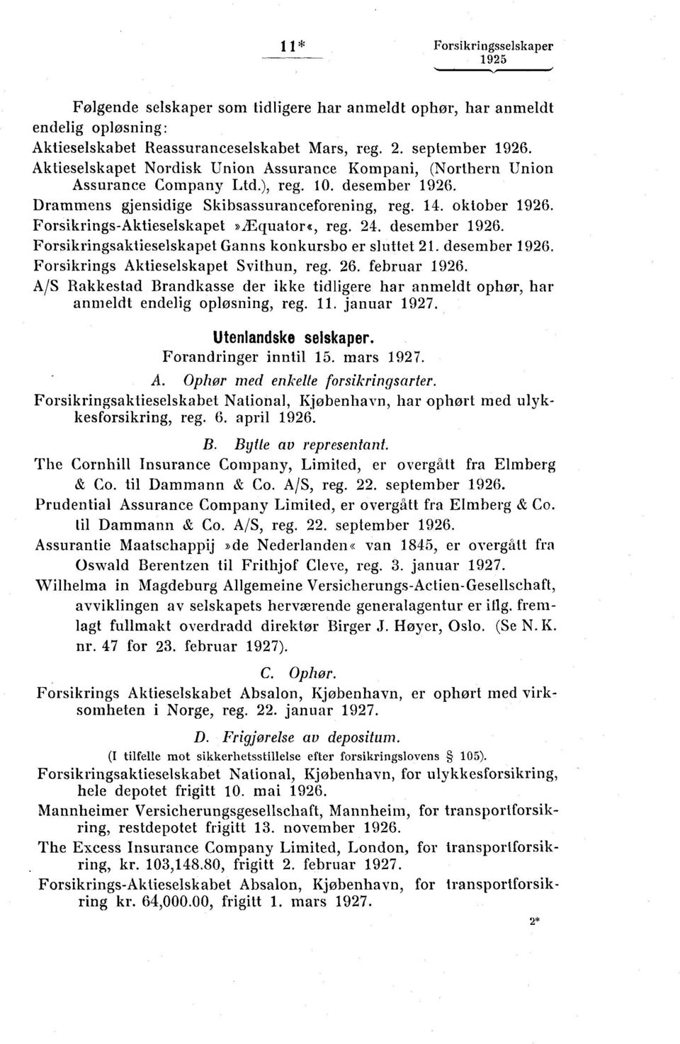 Forsikrings-Aktieselskapet»IEquatorg, reg. 4. desember 196. Forsikringsaktieselskapet Ganns konkursbo er sluttet 1. desember 196. Forsikrings Aktieselskapet Svithun, reg. 6. februar 196.