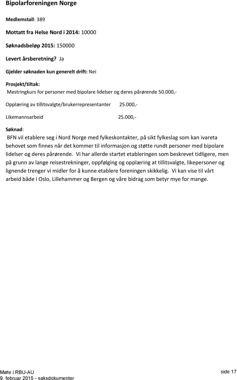 000,- BFN vil etablere seg i Nord Norge med fylkeskontakter, på sikt fylkeslag som kan ivareta behovet som finnes når det kommer til informasjon og støtte rundt personer med bipolare lidelser og