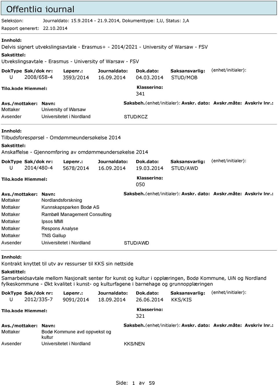 2014 TD/MOB 341 Mottaker niversity of Warsaw niversitetet i Nordland TD/KCZ Tilbudsforespørsel - Omdømmeundersøkelse 2014 Anskaffelse - Gjennomføring av omdømmeundersøkelse 2014 2014/480-4 5678/2014