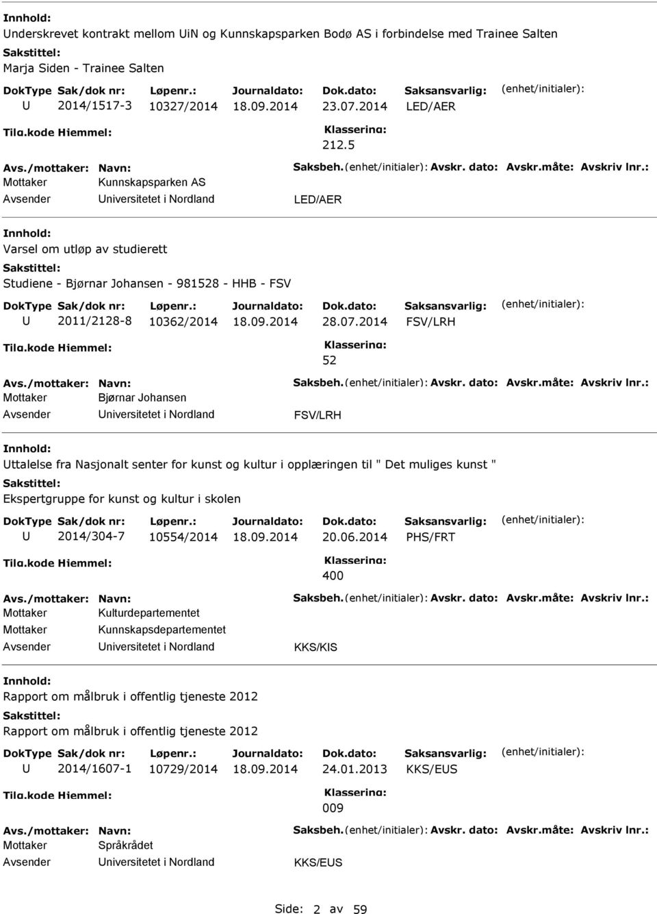 2014 FV/LRH Mottaker Bjørnar Johansen niversitetet i Nordland FV/LRH ttalelse fra Nasjonalt senter for kunst og kultur i opplæringen til " Det muliges kunst " Ekspertgruppe for kunst og kultur i