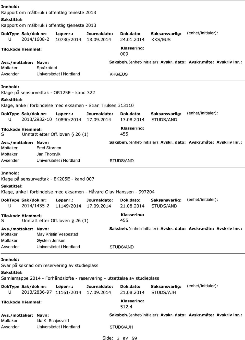 2014/1608-2 10730/2014 24.01.2014 KK/E 009 Mottaker pråkrådet niversitetet i Nordland KK/E Klage på sensurvedtak - OR125E - kand 322 Klage, anke i forbindelse med eksamen - tian Trulsen 313110 2013/2932-10 10890/2014 13.