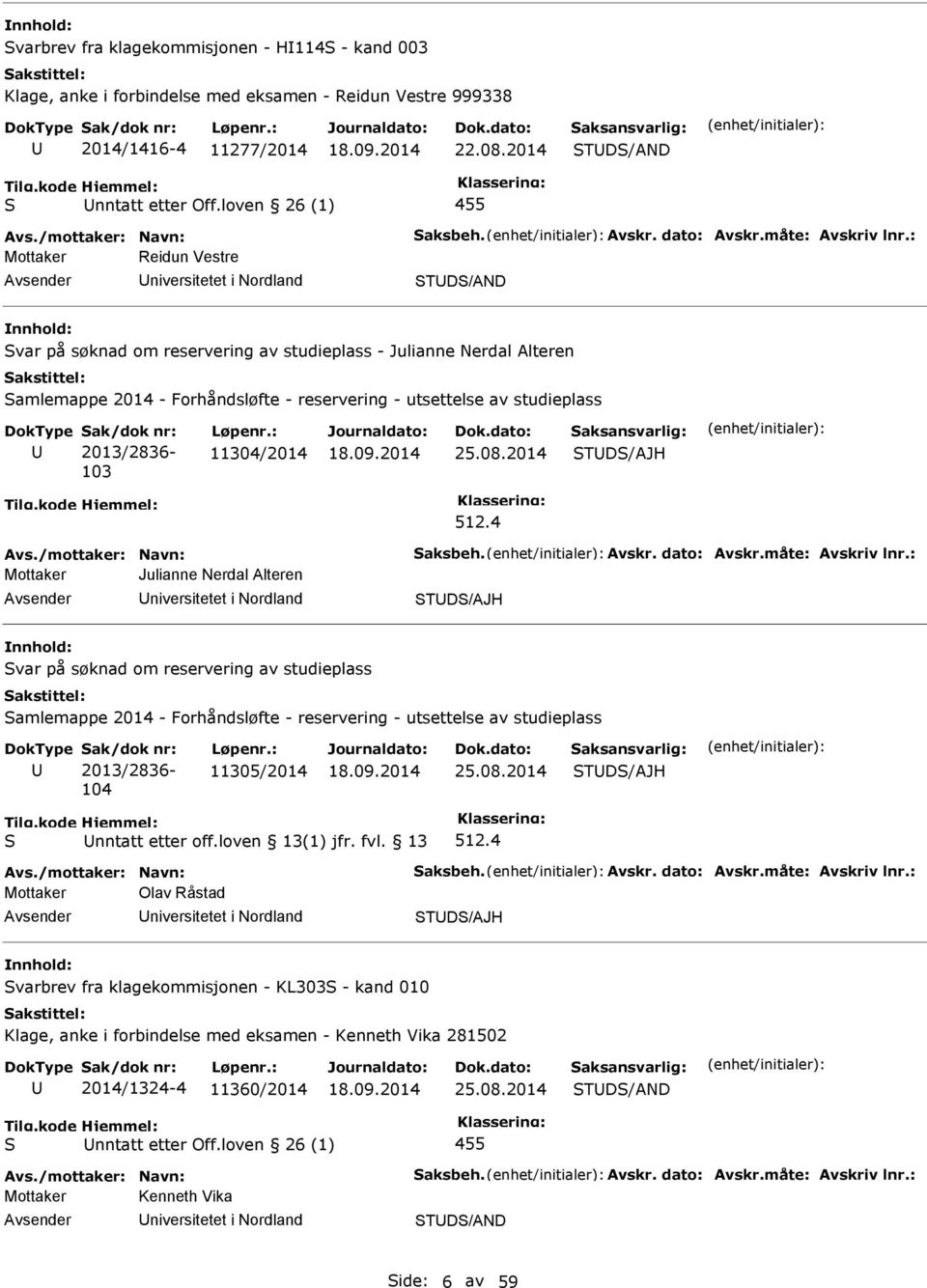 av studieplass ak/dok nr: 2013/2836-103 11304/2014 25.08.2014 TD/AJH 512.