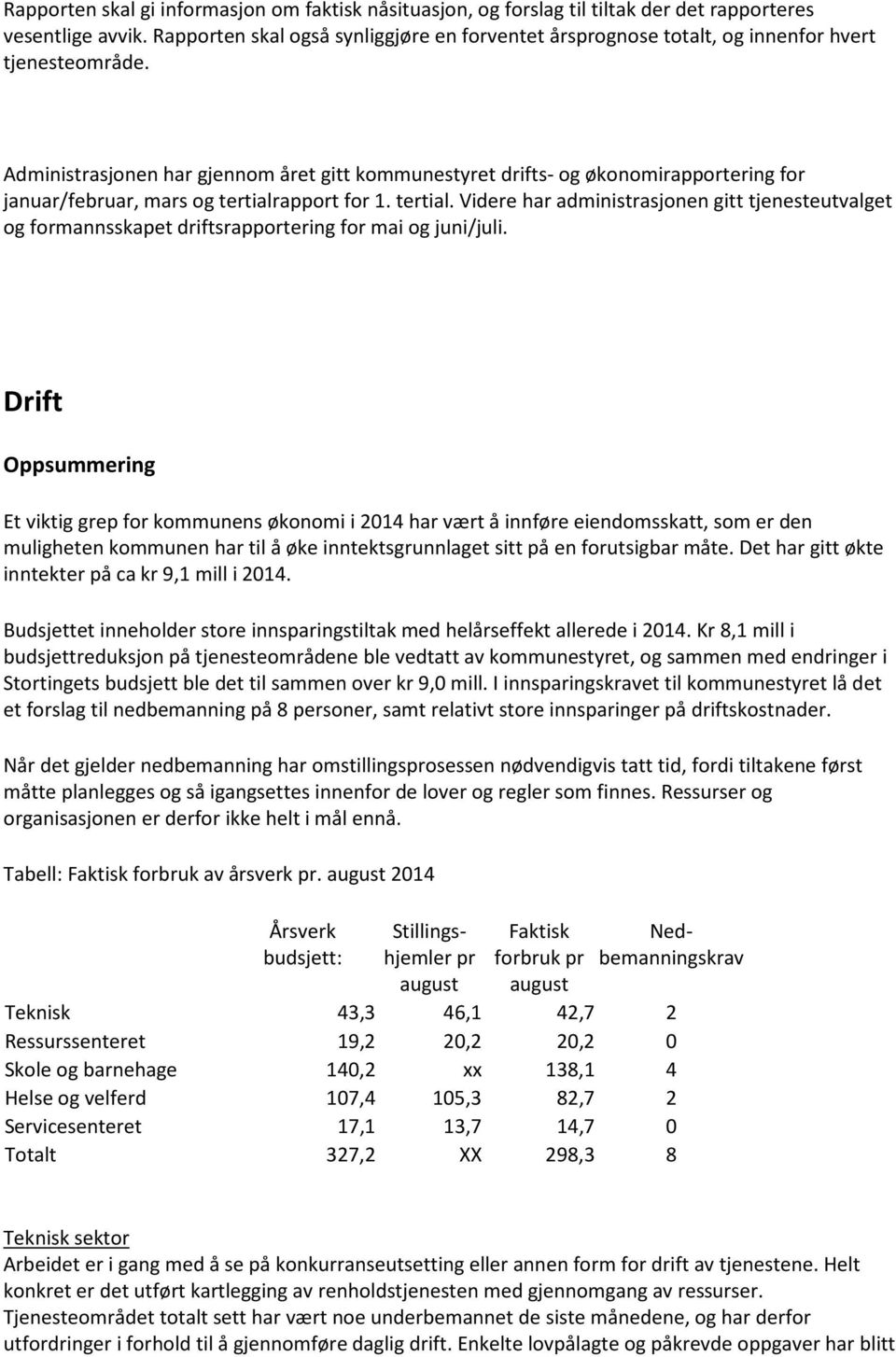 Administrasjonen har gjennom året gitt kommunestyret drifts- og økonomirapportering for januar/februar, mars og tertialr